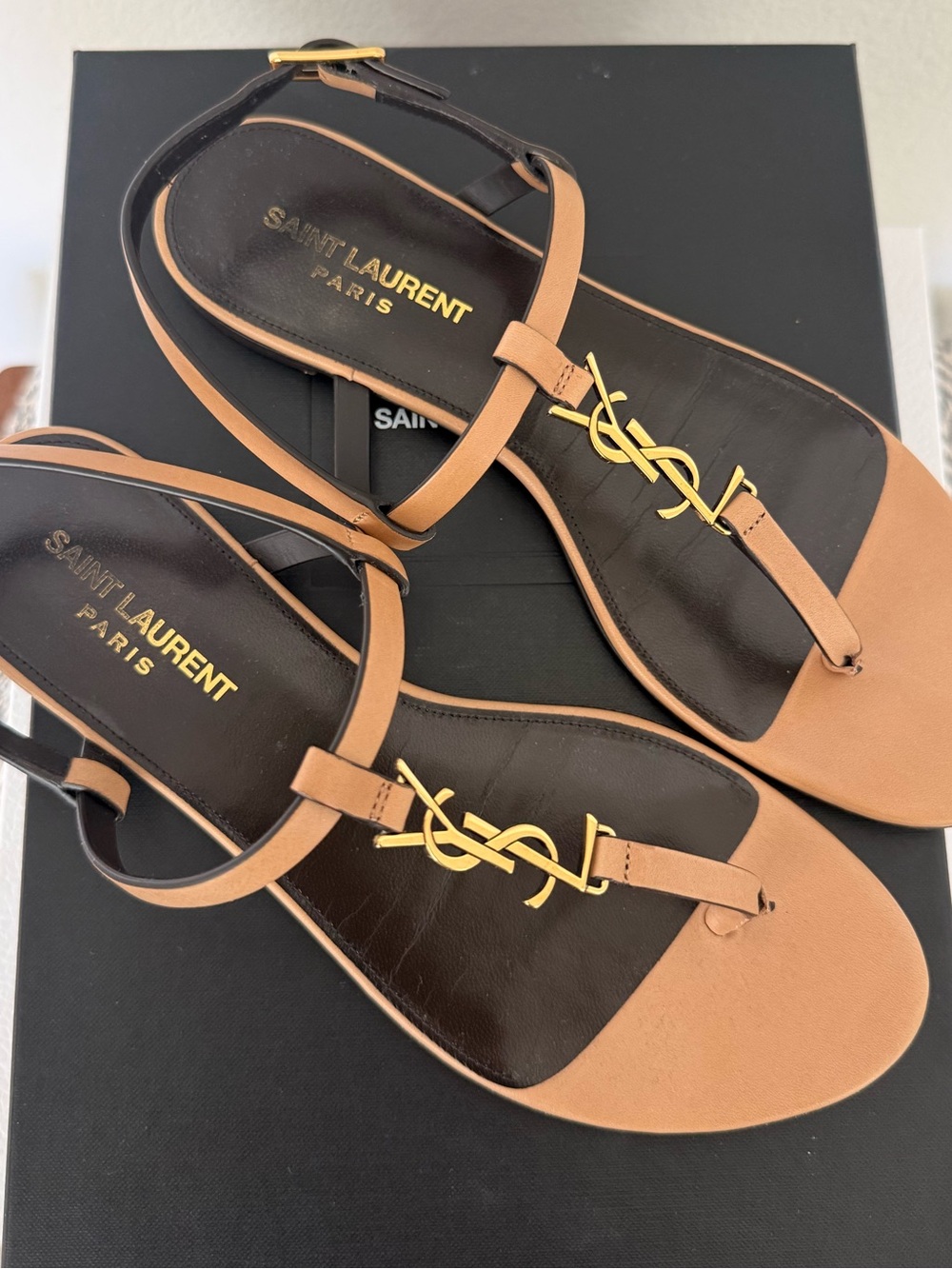 Saint Laurent YSL Cassandra Leather Sandals Camel EU 37
